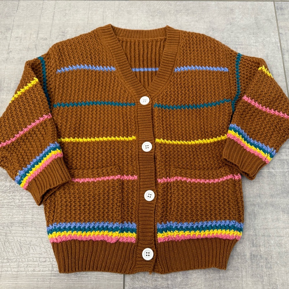 NWT Girls Brown Button Front Cardigan with Colorful Stripes Size 4T
